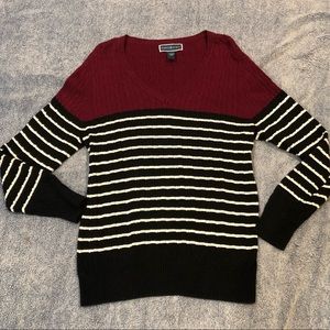 B&W stripe and burgundy color block sweater